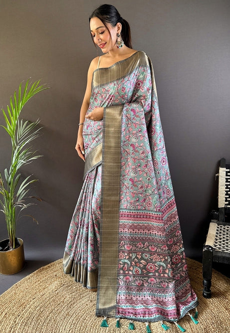 Celestial Sky Blue Tussar Silk Saree