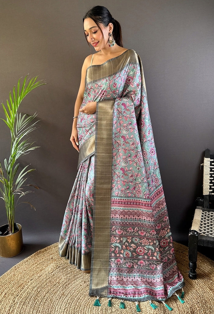 Celestial Sky Blue Tussar Silk Saree