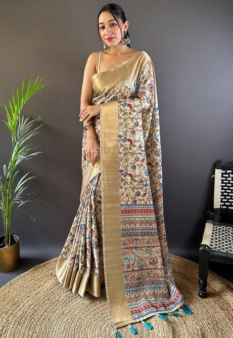 Elegant Cream Tussar Silk Saree