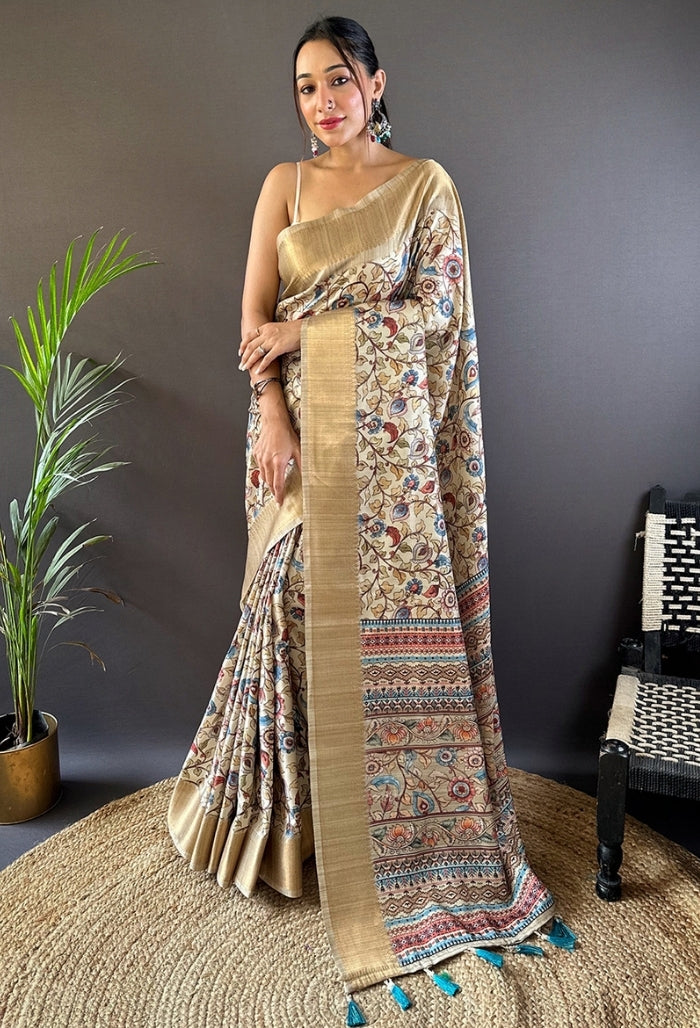 Elegant Cream Tussar Silk Saree