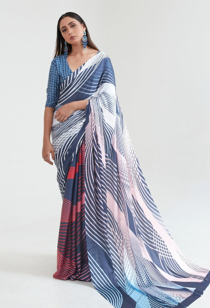 Linear Symphony Blue Printoria Digital Silk Saree