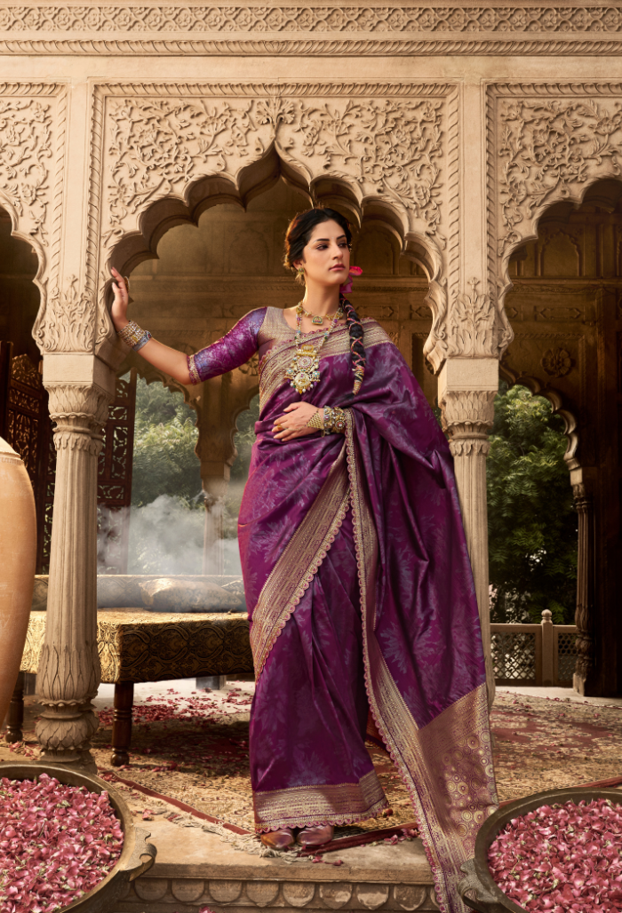 Amethyst Bloom Pure Banarasi Silk Saree