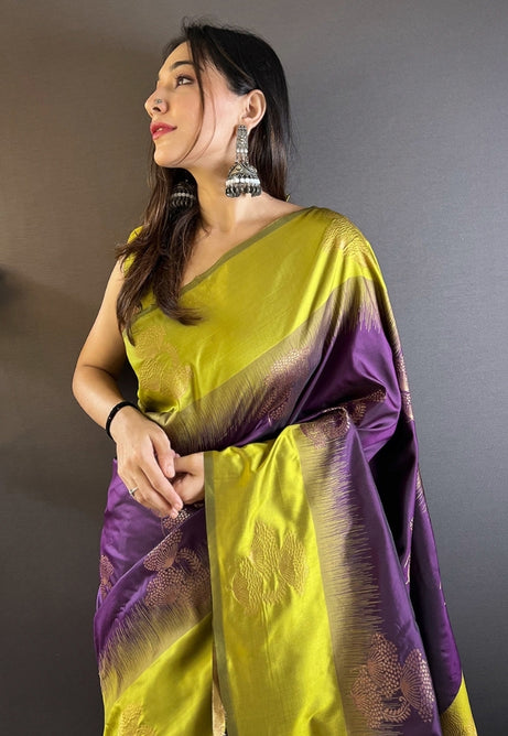 Vibrant Parrot Green and Purple Soft Silk Saree