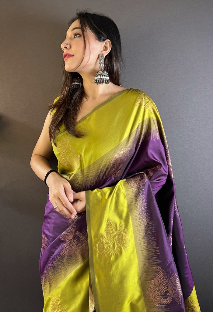 Vibrant Parrot Green and Purple Soft Silk Saree