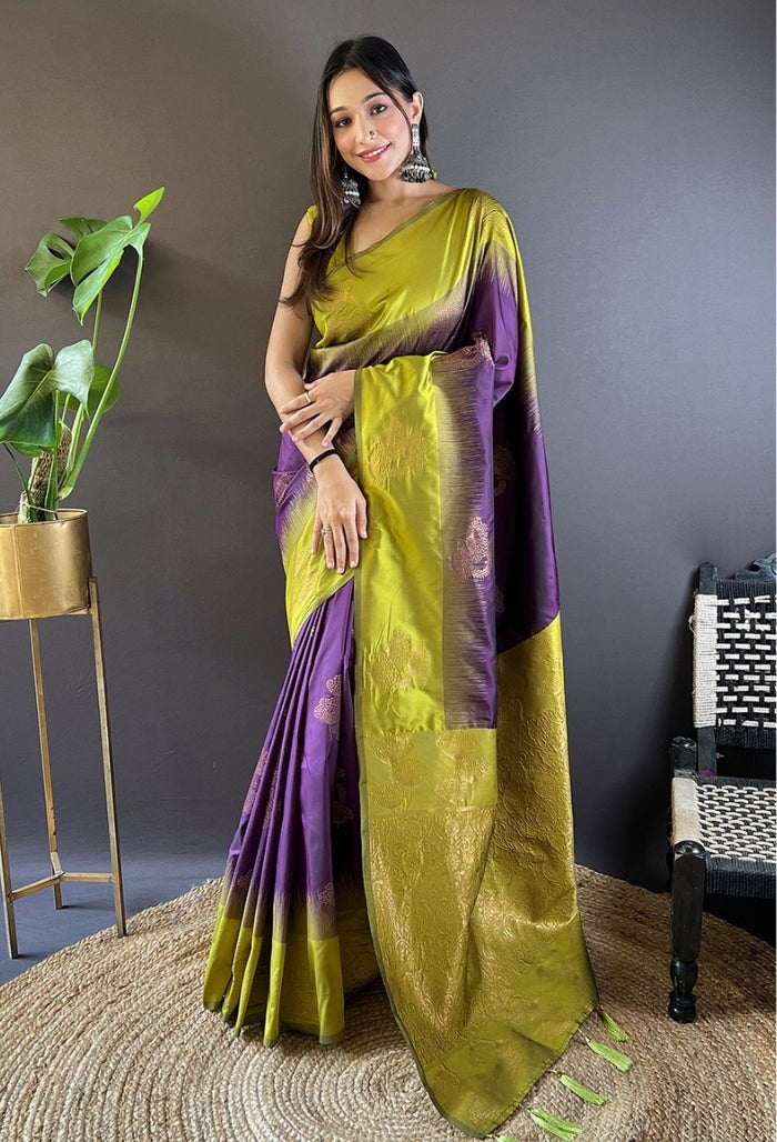 Vibrant Parrot Green and Purple Soft Silk Saree