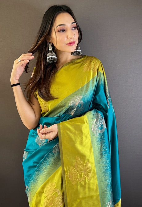 Ocean Blue and Verdant Green Soft Silk Saree