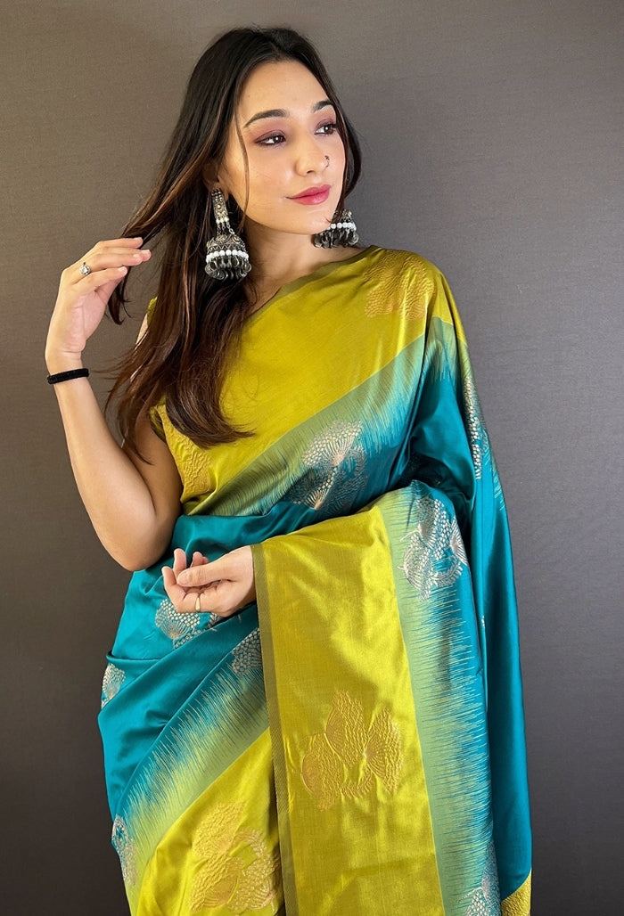 Ocean Blue and Verdant Green Soft Silk Saree