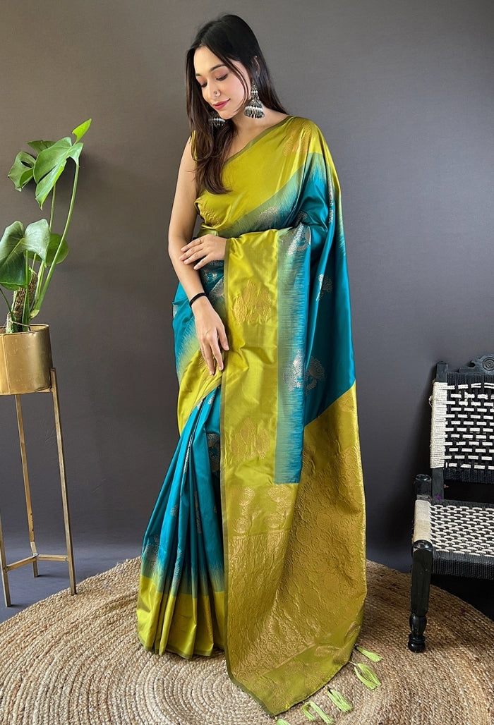 Ocean Blue and Verdant Green Soft Silk Saree