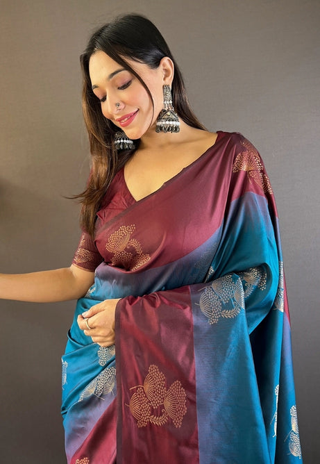 Deep Maroon and Sapphire Blue Soft Silk Saree