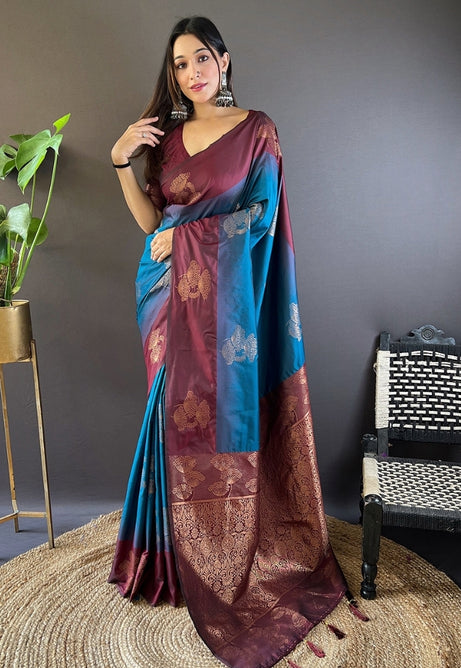 Deep Maroon and Sapphire Blue Soft Silk Saree