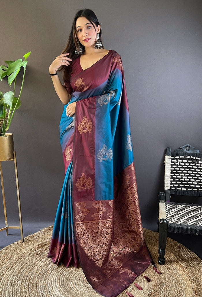 Deep Maroon and Sapphire Blue Soft Silk Saree