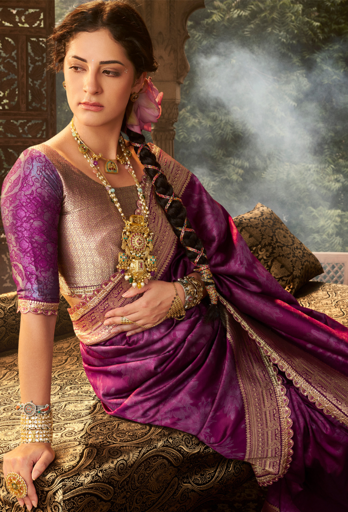 Amethyst Bloom Pure Banarasi Silk Saree