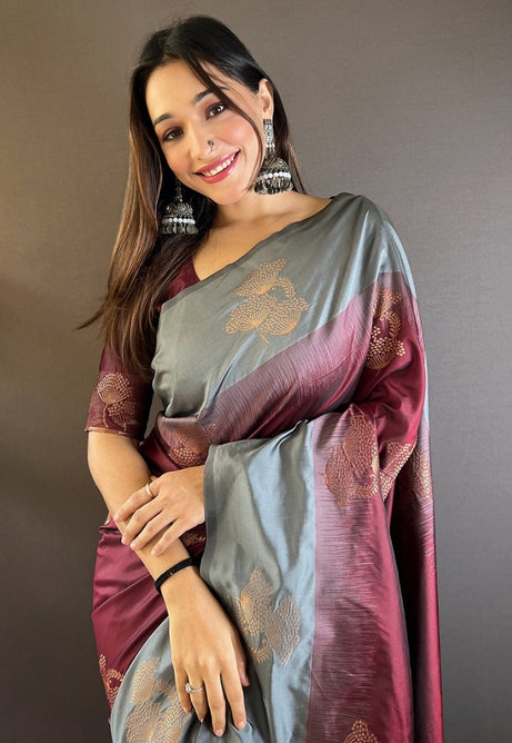 Sophisticated Grey and Maroon Soft Silk Saree