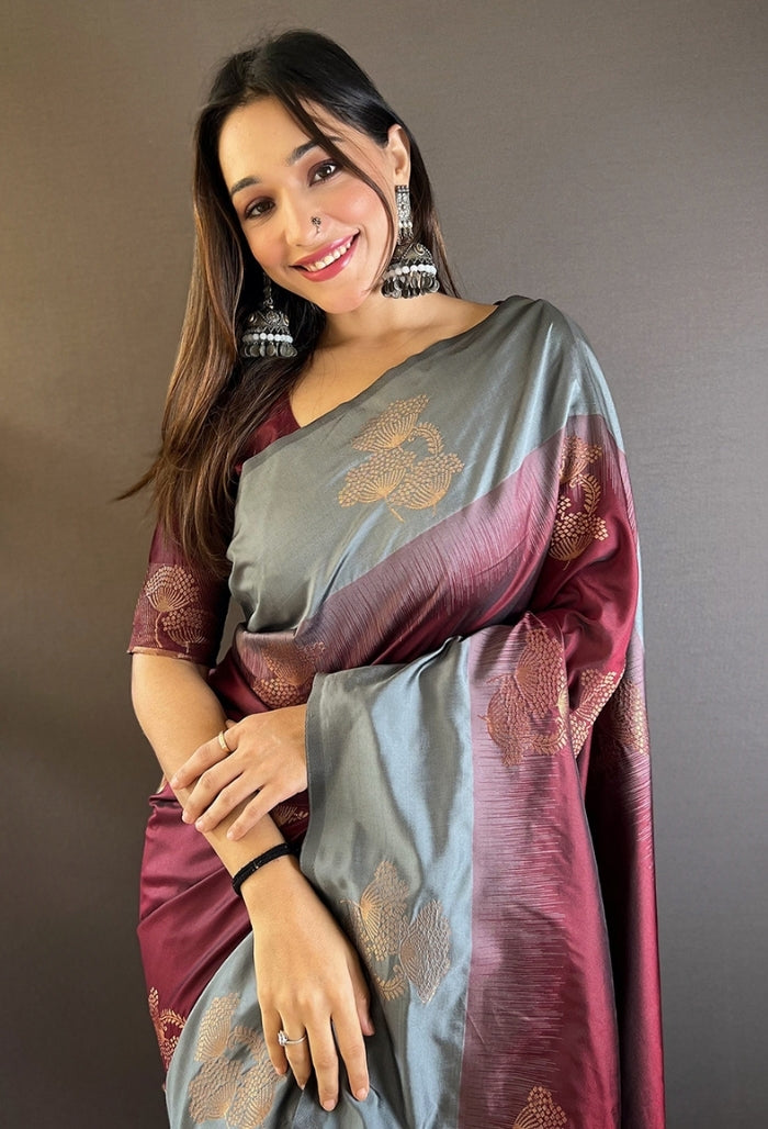 Sophisticated Grey and Maroon Soft Silk Saree