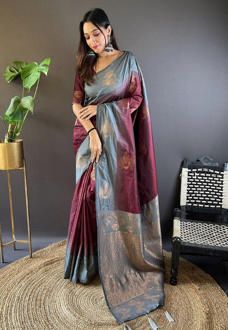 Sophisticated Grey and Maroon Soft Silk Saree