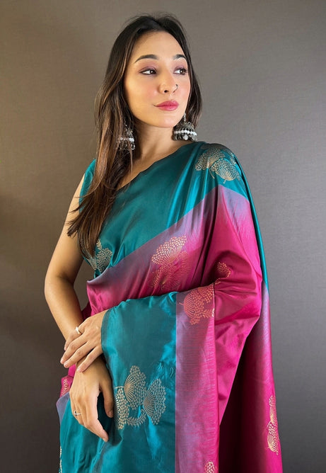 Charming Pink and Blue Soft Silk Saree