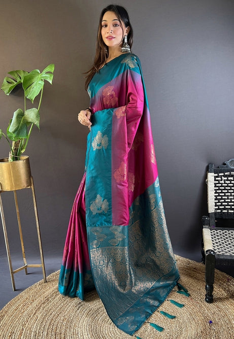 Charming Pink and Blue Soft Silk Saree