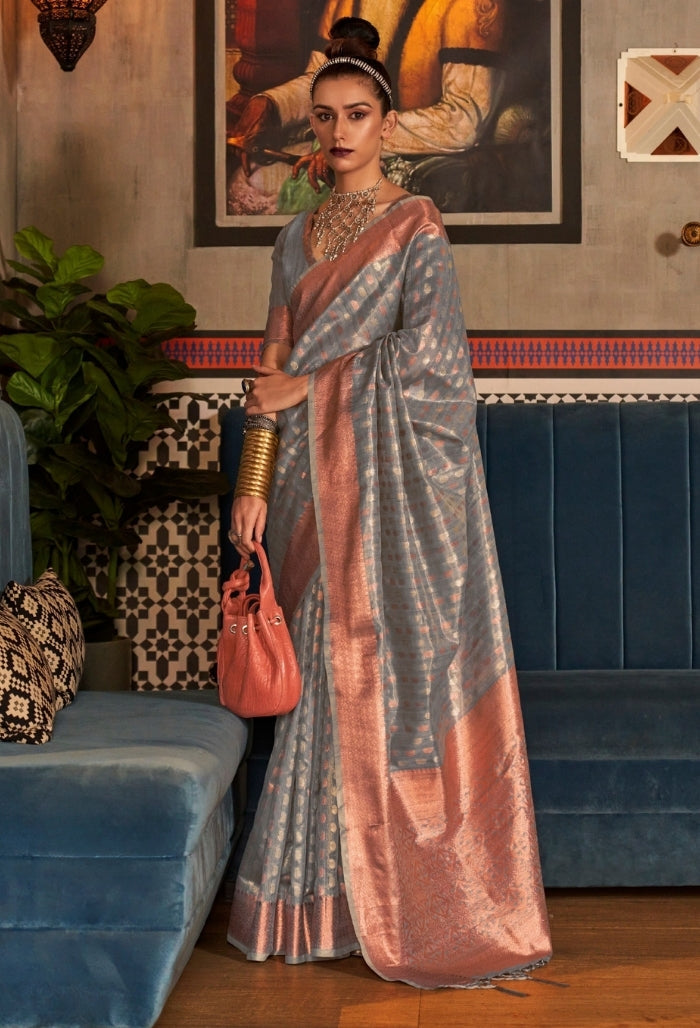 Still Grace Tissue With Copper, Silver & Zari Base Saree