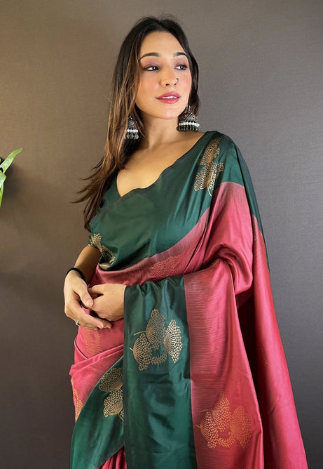 Mehandi Green and Maroon Soft Silk Saree