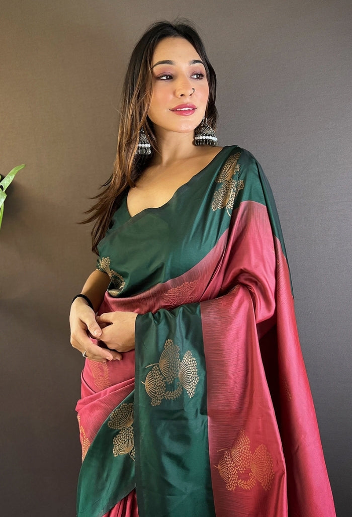 Mehandi Green and Maroon Soft Silk Saree
