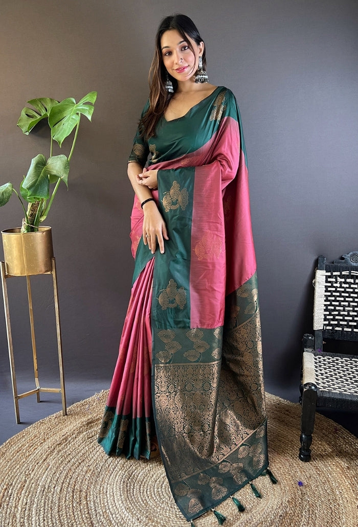 Mehandi Green and Maroon Soft Silk Saree