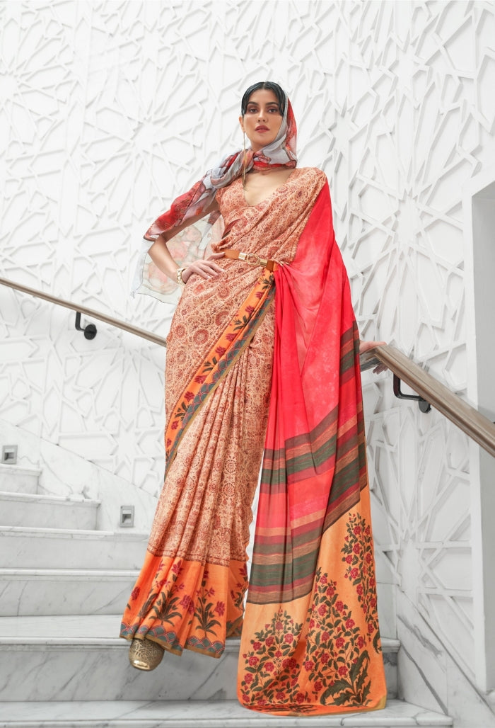 crimson blossom pure silk creep saree