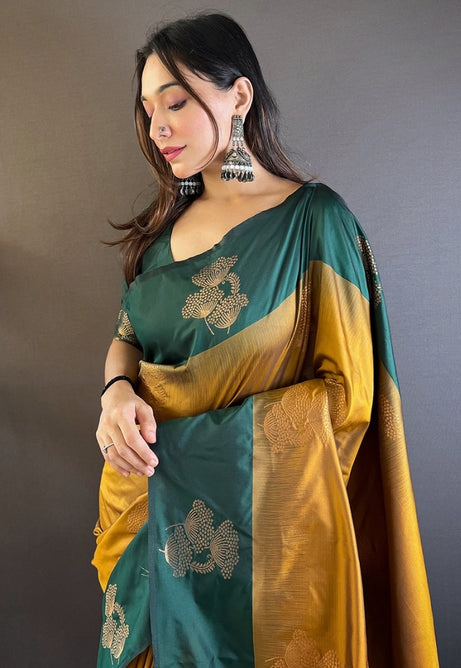 Vibrant Mehandi Green and Sunshine Yellow Soft Silk Saree