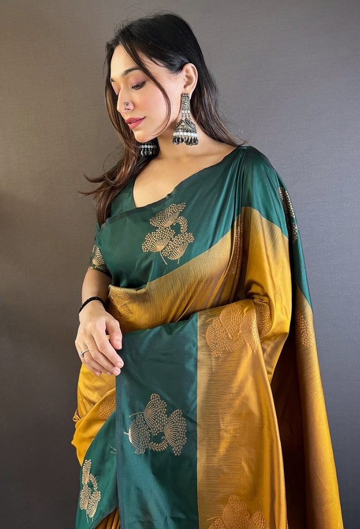 Vibrant Mehandi Green and Sunshine Yellow Soft Silk Saree