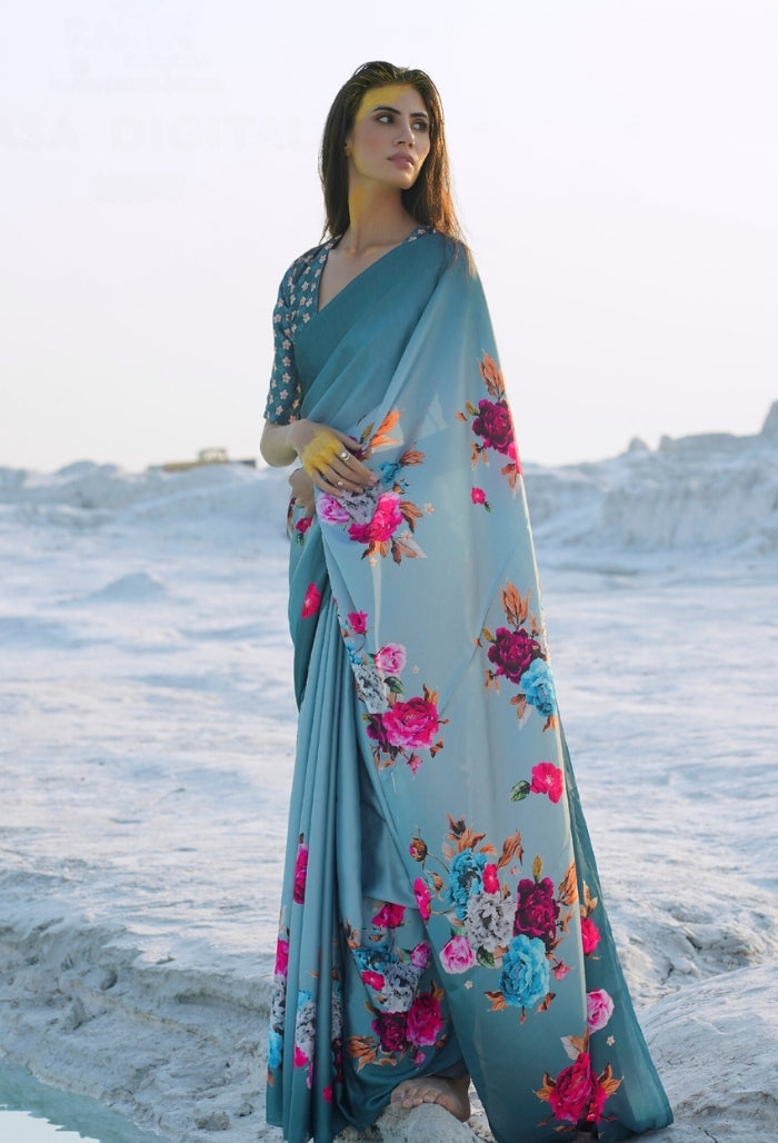 Floral Couture Blue Digital Printed Saree