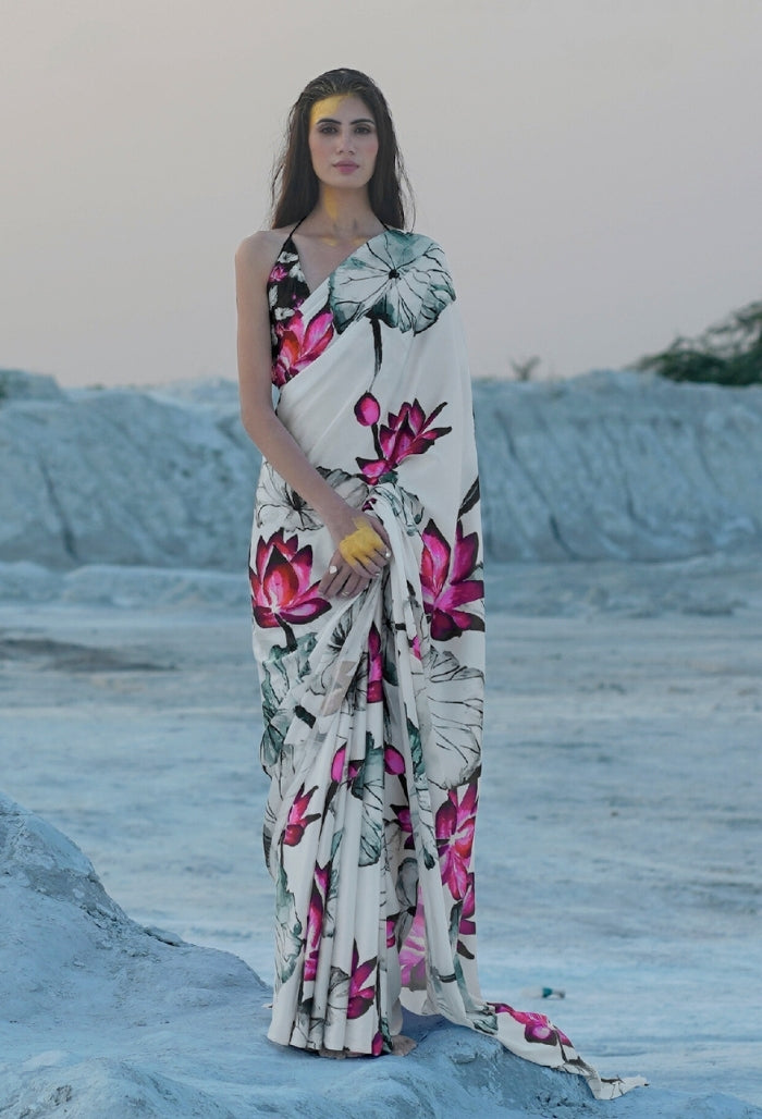 Pink Lotus White Digital Printed Saree