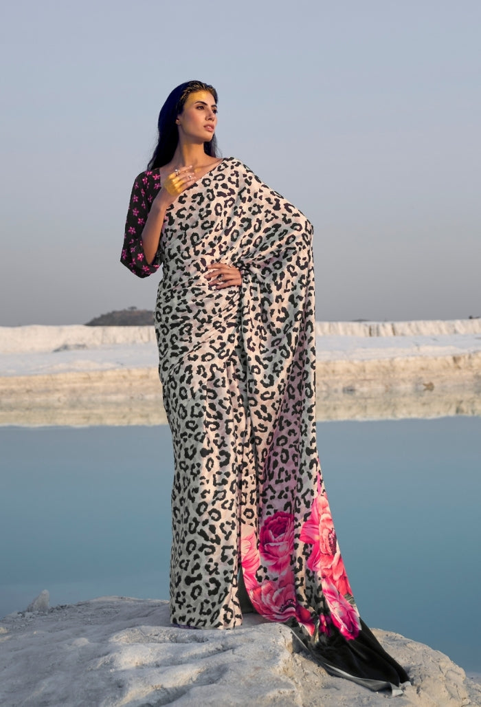 Cheetah Black & White Digital Printed Saree