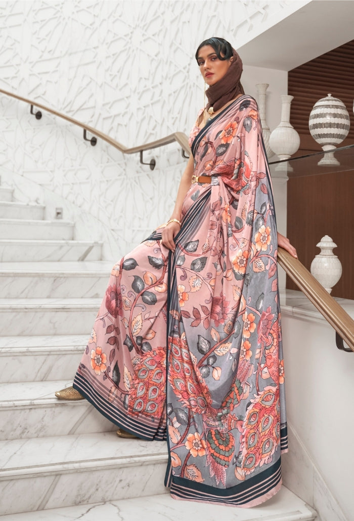 peach petals  pure silk creep saree