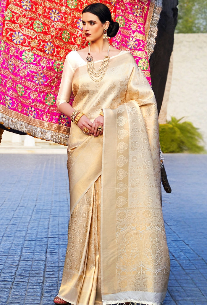 Beige Pure Handloom Weaving Silk Saree