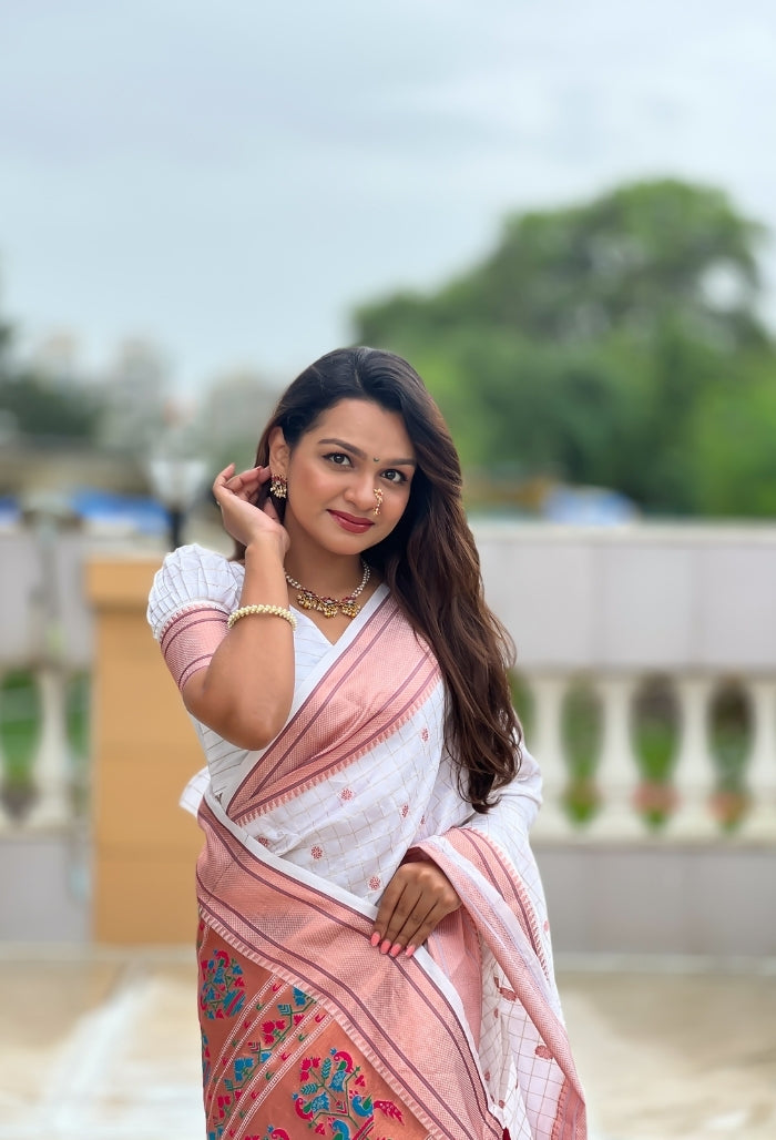 Pure White Paithani Silk Saree