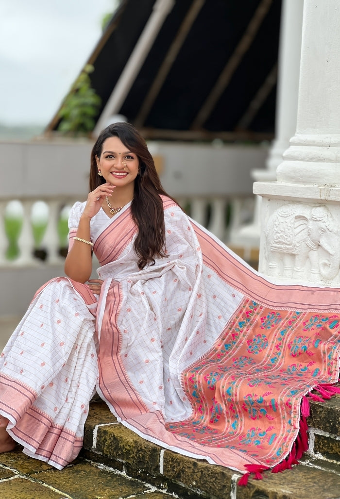 Pure White Paithani Silk Saree