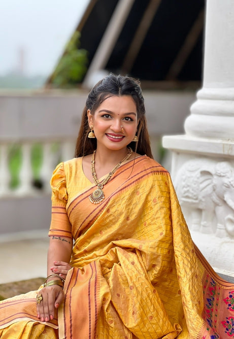 Bright Yellow Paithani Silk Saree