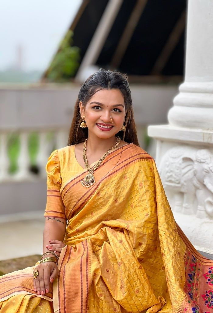 Bright Yellow Paithani Silk Saree