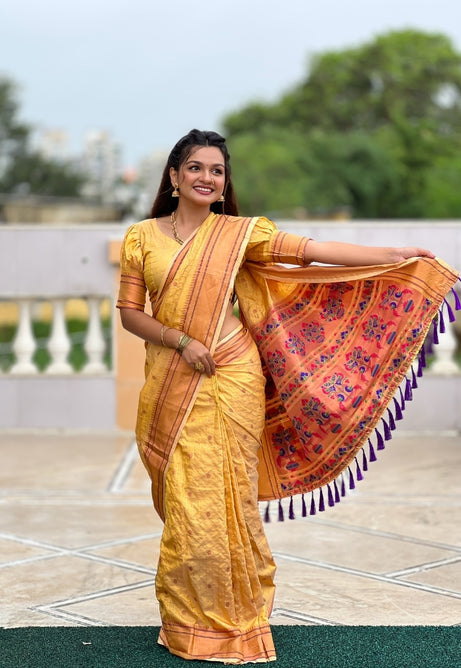 Bright Yellow Paithani Silk Saree