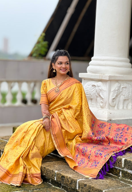 Bright Yellow Paithani Silk Saree