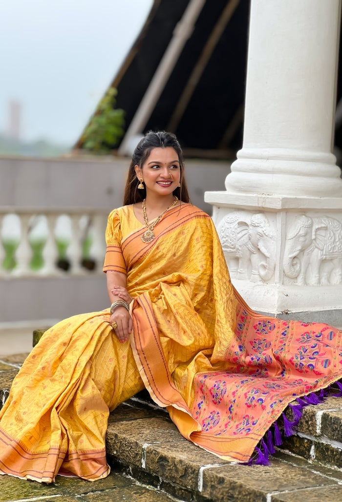 Bright Yellow Paithani Silk Saree
