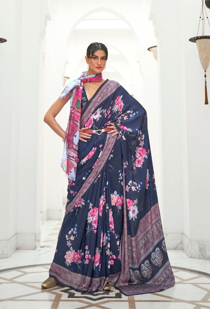 midnight garden  pure silk creep saree