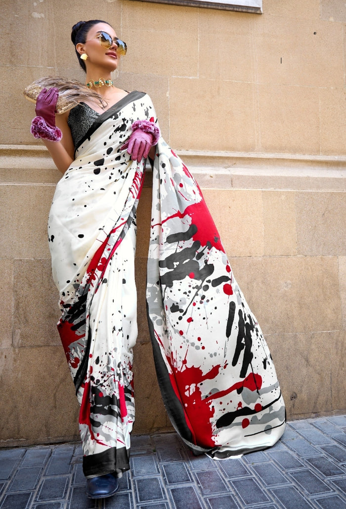 Red-Black Grace Print Satin Creep Saree