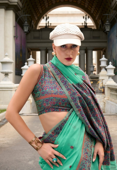 Aqua Silk Linen Saree