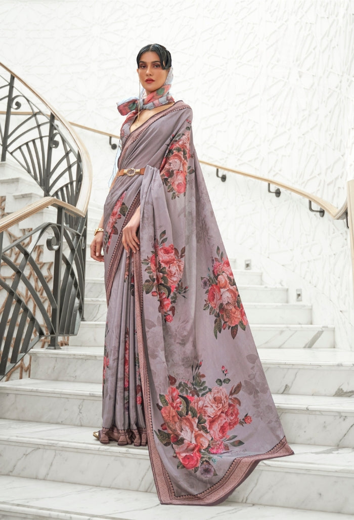 lavender lace  pure silk creep saree