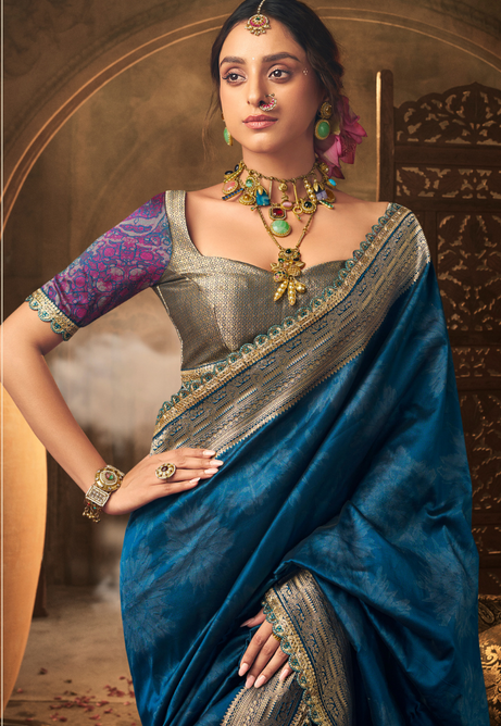 Sapphire Gleam Pure Banarasi Silk Saree