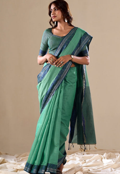 Serene Rama Green Cotton Saree