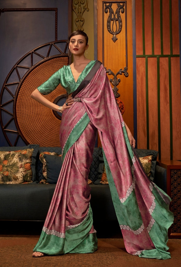 Rosewood Glow Printed Japan Satin Creep Saree