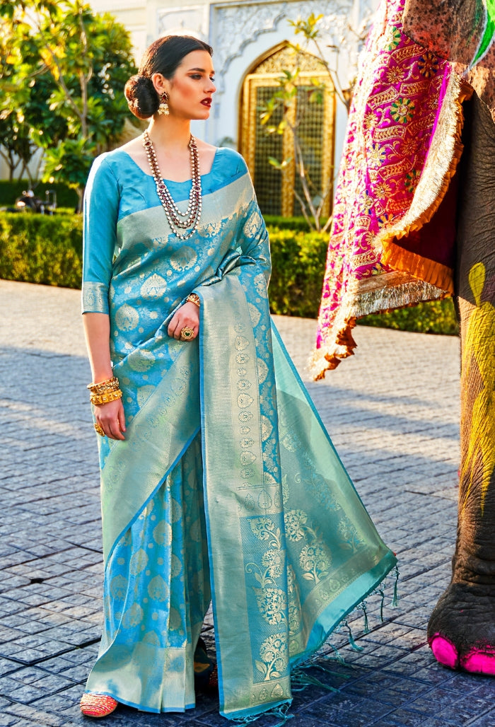 Baby Blue Pure Handloom Weaving Silk Saree