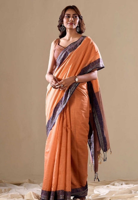 Bright Light Orange Cotton Saree