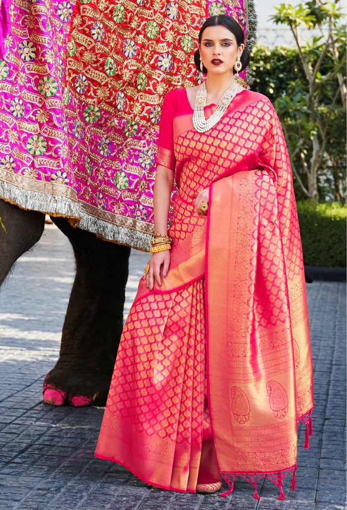 Rose Red Pure Handloom Weaving Silk Saree